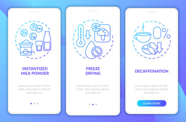 Food technology blue gradient onboarding mobile app screen. Processing walkthrough 3 steps graphic instructions pages with linear concepts. UI, UX, GUI template. Myriad Pro-Bold, Regular fonts used