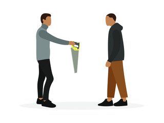 A male character gives a saw to another male character on a white background