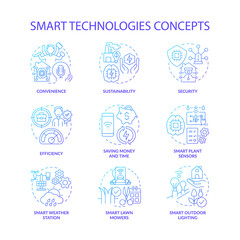 Smart technologies blue gradient concept icons set. Security and efficiency idea thin line color illustrations. Smart plant sensors. Isolated symbols. Roboto-Medium, Myriad Pro-Bold fonts used