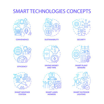 Smart technologies blue gradient concept icons set. Security and efficiency idea thin line color illustrations. Smart plant sensors. Isolated symbols. Roboto-Medium, Myriad Pro-Bold fonts used