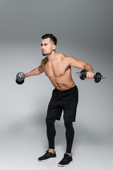 Fototapeta na wymiar full length of strong sportsman training with dumbbells on grey.