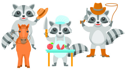 Fototapeta premium Set Abstract Collection Flat Cartoon Different Animal Raccons Riding A Horse, Cowboy With Revolver Lasso Boots And Hat, Chef Cuts Vegetables With A Knife Vector Design Style Elements Fauna Wildlife