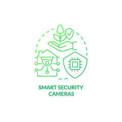 Smart security cameras green gradient concept icon. Agricultural innovation abstract idea thin line illustration. Wireless surveillance system. Isolated outline drawing. Myriad Pro-Bold font used