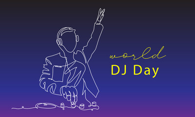 DJ day vector background, banner, poster. One continuous line art drawing illustration of dj