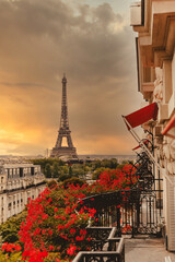 View Eiffel tower from hotel plaza athenee sunset