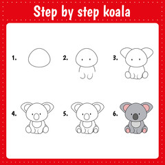 Drawing lesson for children. How draw koala. Drawing tutorial with funny animal. Step by step repeats the picture. Kids activity art page for book. Vector illustration. - obrazy, fototapety, plakaty