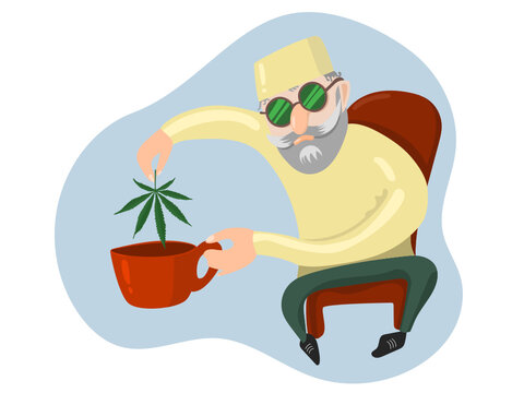 A freak with green glasses and with a beard dips a cannabis leaf into a cup. Vector illustration.