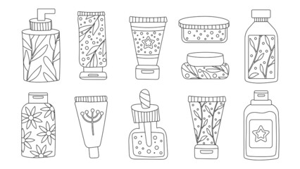  A set of bottles and tubes of cosmetics, jars for skin care with face, hair and body cream. Trendy style for postcard, banner, wrapping paper template. Vector illustration editable stroke.