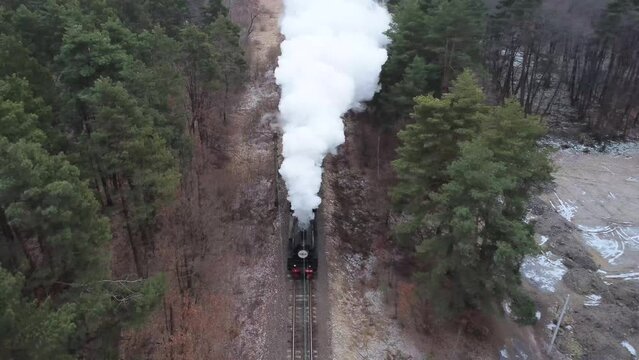 Aerial view of vintage steam engine train with puffing smoke. Vapor vehicle on train track. Locomotive railway. Aerial drone of steam train in valley on railway station, passengers, lush forest around