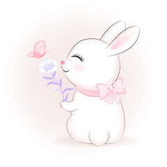 Cute Bunny and flower with butterfly cartoon animal