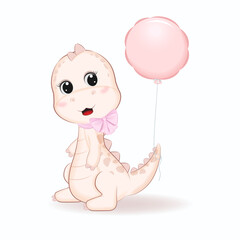 Cute Dinosaur and balloon cartoon illustration