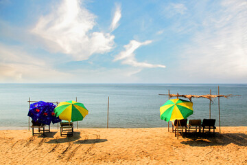 Beach loungers at Baga beach GOA, India. - obrazy, fototapety, plakaty