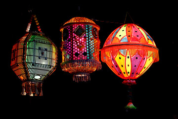 Vibrant colored lanterns during Diwali festive season .