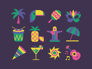 Set of icons for the Rio carnival. Pack of Brazilian items.