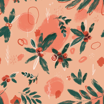 Trendy exotic seamless pattern on peach background for wallpaper or wrapping design. Sketch drawing. Beautiful tropical exotic foliage. Design template.