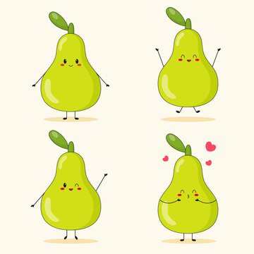 Collection of cute green pear characters in the different posing. Cartoon fruit character set on white background.