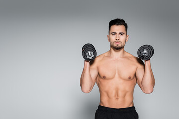 Fototapeta na wymiar bearded and muscular sportsman working out with dumbbells on grey.