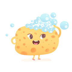 Cute yellow sponge character, kawaii washcloth emoji with soap bubbles for cleaning skin