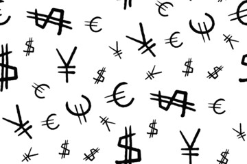 Black and white seamless pattern with symbols of world currencies dollar, euro and yen