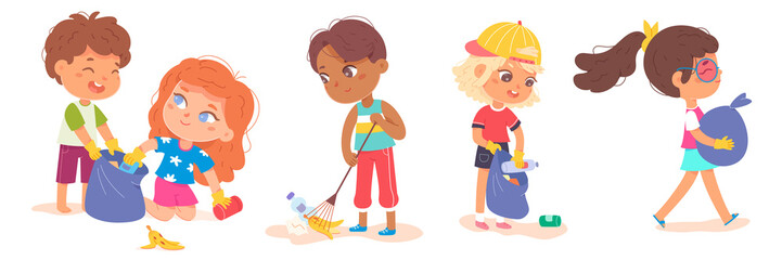 Kids collect trash in bag to clean park or street, cute volunteers working together