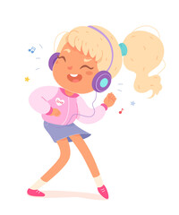 Happy girl listening music in earphones with dance, young person with headphones