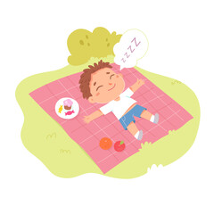 Sleepy kid lying on blanket in summer park or garden, child resting after picnic