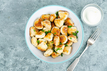 Blue bowl with fried dumplings. Studio Photo