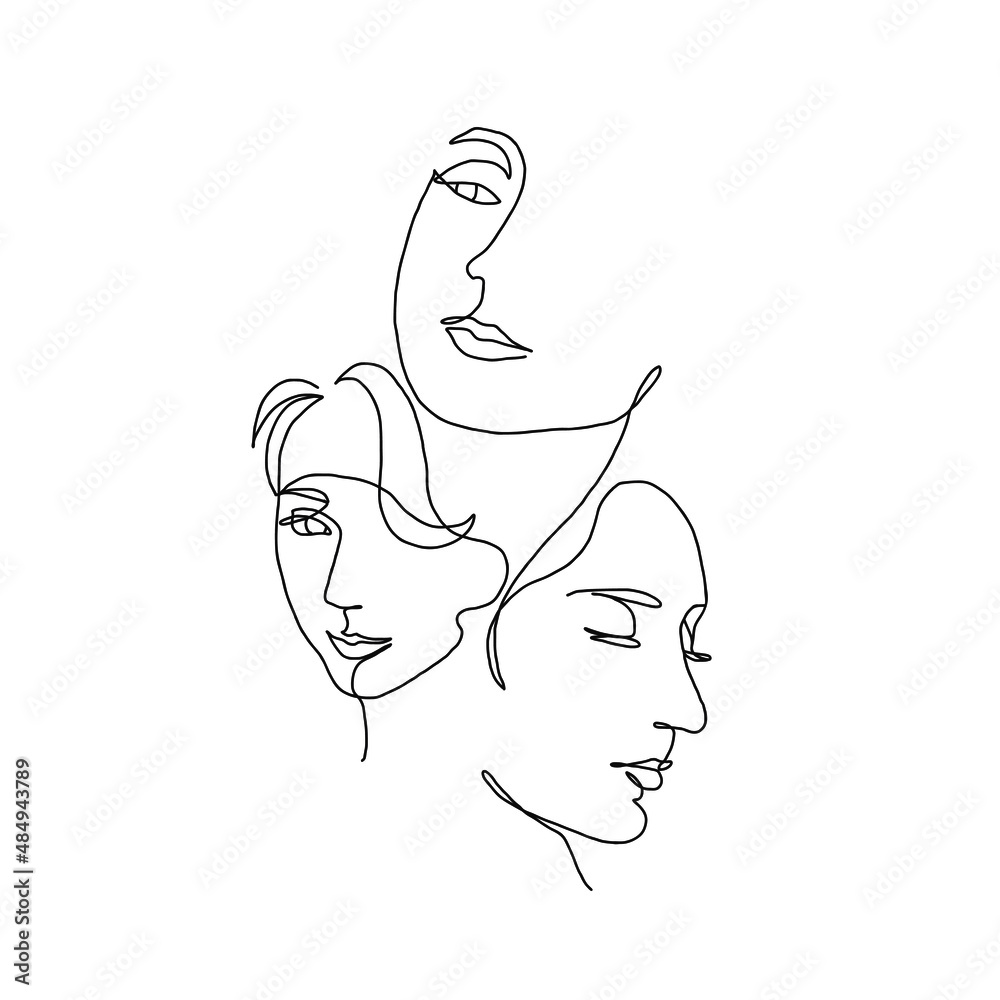 Wall mural Three female faces drawn with one continuous line. Abstract minimal portraits . Abstract minimal portrait. Vector illustration.  - Wall murals