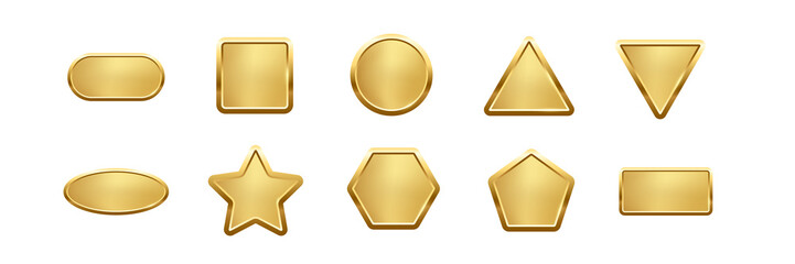 Gold button of different geometric shapes with frames and shine light effect set