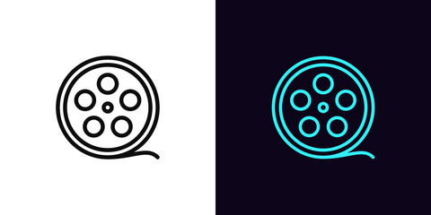 Outline film reel icon, with editable stroke. Movie strip sign, cinema tape pictogram