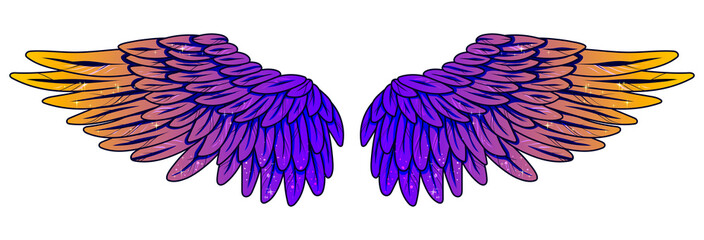 Beautiful magic glittery bright blue yellow angel wings, vector illustration