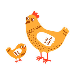 Chicken and chick cute birds colorful farm easter vector illustration