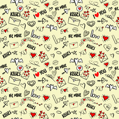 Vector seamless love symbol pattern, with stylish hearts and word "Love"