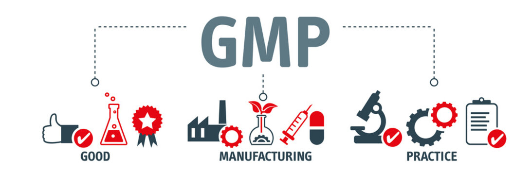 Modern icons set of good manufacturing practices concept - GMP abbreviation standing for good manufacturing practice
