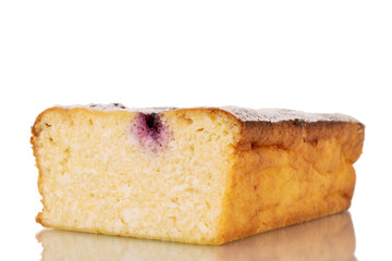 Flavorful sweet, homemade cottage cheese casserole with cherries, macro, isolated on white.

