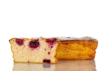 Flavorful sweet, homemade cottage cheese casserole with cherries, macro, isolated on white.

