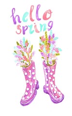 watercolor spring greeting card with Hello Spring lettering. Hand-painted pink polka dot rubber boots with flowers in them.