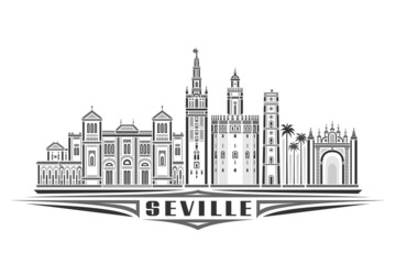 Obraz premium Vector illustration of Seville, monochrome horizontal poster with linear design famous seville city scape, urban line art concept with decorative lettering for black word seville on white background