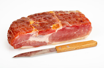 Piece of raw smoked pork ham on white background. Studio Photo