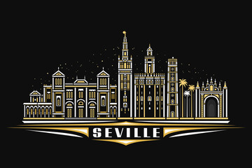 Fototapeta premium Vector illustration of Seville, dark horizontal poster with linear design famous seville city scape on nighttime sky background, urban line art concept with decorative lettering for word seville