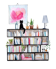 Bookshelf illustration. Books and cat - 484946195
