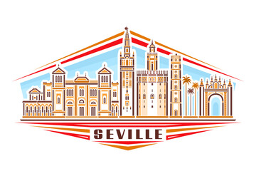 Obraz premium Vector illustration of Seville, horizontal logo with linear design famous seville city scape on day sky background, european urban line art concept with decorative lettering for brown word seville