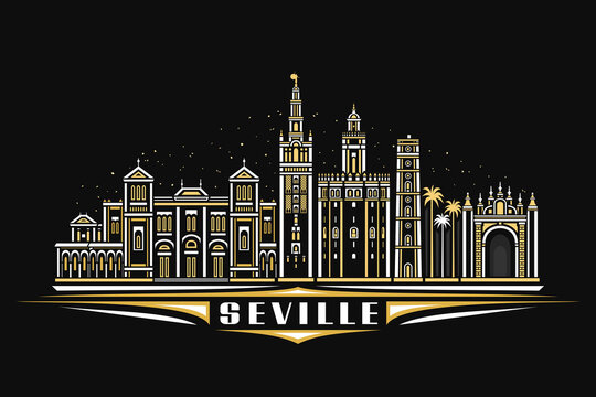 Vector illustration of Seville, dark horizontal poster with linear design famous seville city scape on nighttime sky background, urban line art concept with decorative lettering for word seville
