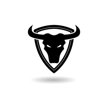 Bull head on shield Icon with shadow