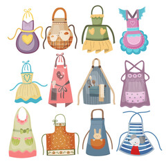 Flat vector set of cooking aprons in cartoon, hand-drawn style.