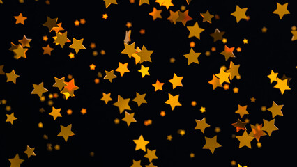 Moving golden stars against a black background. Decorative pattern, Christmas and star design concept. 3D illustration