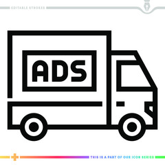 Line icon for truck advertising illustrations with editable strokes. This vector graphic has customizable stroke width.