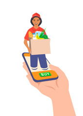 Express delivery concept. Customer makes an order online using smartphone app and gets it fast. Friendly courier gives a paper bag with groceries to buyer. Online shopping. Flat vector illustration