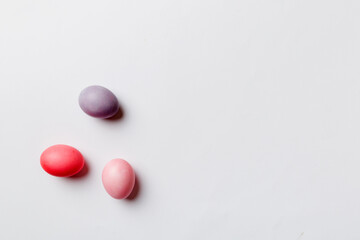 holiday preparation Multi colors Easter eggs on colored background . Pastel color Easter eggs. holiday concept with copy space