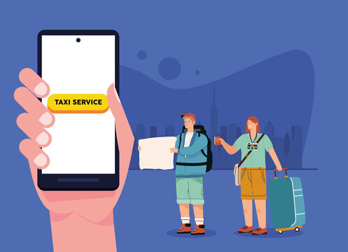 tourists using taxi online app